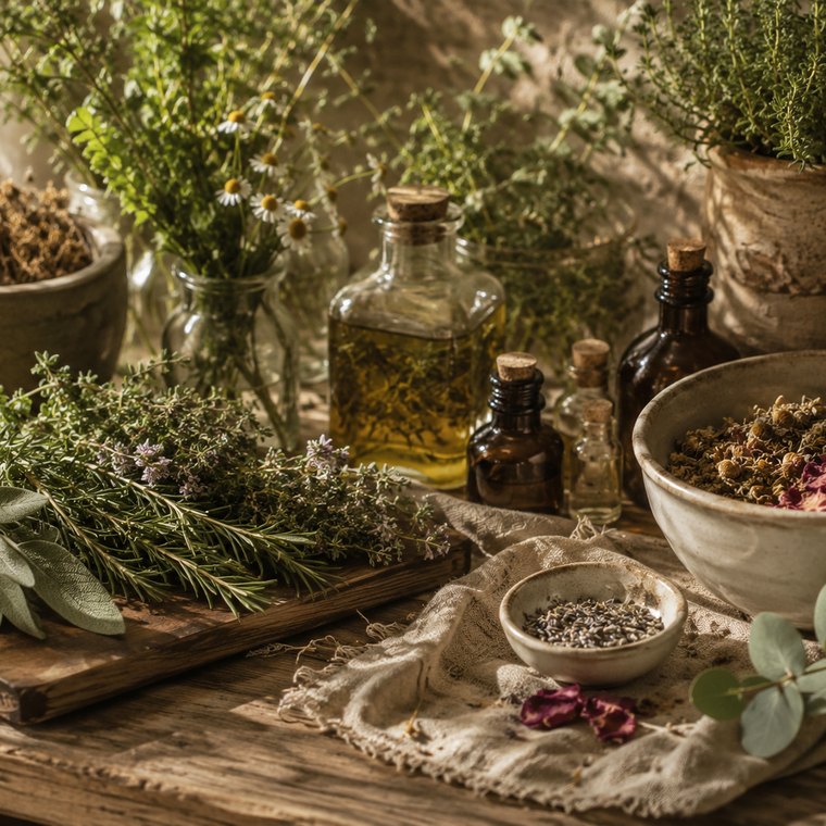 Hierbas, frascos de aceite y flores secas sobre una mesa de trabajo.