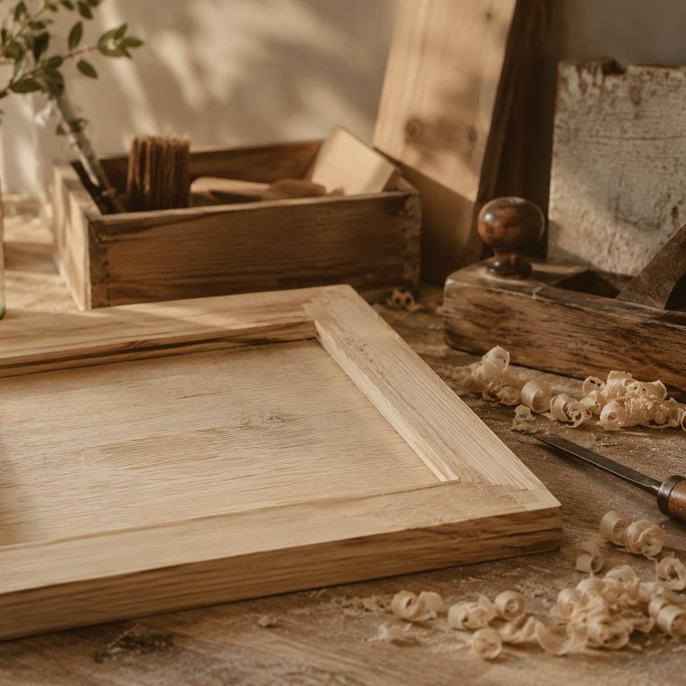 Un marco de madera a medio armar, con formones y virutas alrededor.